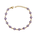 Macro shot of gold stainless steel bracelet featuring twelve purple evil eye beads with lobster clasp - Purple (B4201--C)