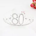 Silver 80th birthday crown tiara with sparkling rhinestones and pink accent detail - 80th Birthday / Silver