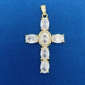 Golden cross pendant with oval clear zircon and 925 stamp on a deep blue background - Gold Oval Main Stone 925 Cross (773)