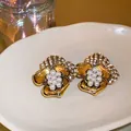 Vintage gold flower earrings with pearl cluster and crystal edges for women - Clustered Pearl Diamond Vintage Petal Studs