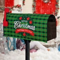 Close-up of green buffalo plaid mailbox cover with festive Christmas wreath and holiday text - Wreath Plaid (Style G)