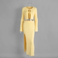 Detail of yellow knit two-piece set featuring a tie-front cardigan and side slit maxi skirt - S / Yellow