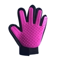 Pink pet grooming glove with soft silicone massage bristles and black mesh back - Left Hand / Purple