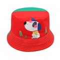 Detail of red kids bucket hat featuring a cute puppy print and reinforced brim stitching - Head Circumference 52cm-54cm / Red & Grass Green