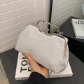 White shell clutch with silver crystals, metal handle and delicate chain strap - White