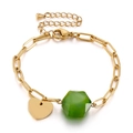 Golden stainless steel chain bracelet featuring heart charm and green faceted bead - Gold Green Hexagonal Bead (KB145365-Z)