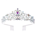 Silver bridal tiara with colorful rhinestones and teardrop centerpiece on white background - AB Rainbow