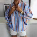 Women's loose blue and orange striped shirt with puff sleeves and casual cotton texture - S / Blue