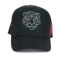 Detail of tiger head embroidery and red claw marks on black mesh trucker cap - Grey Tiger Head