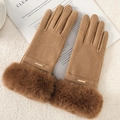Winter thermal touch screen camel gloves with faux fur cuffs and elegant metal trim - Gold Label Rabbit Fur / Brown