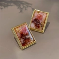 French vintage style rectangular earrings with pink dried flowers and 18K gold plating - Gold Foil Pink Dried Flower