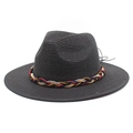 Women's black straw Panama hat with a colorful woven band for summer sun protection - M (56-58cm) / Black