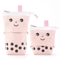 Pink canvas boba tea telescopic pencil case showing extended and collapsed states - Naughty Milk Tea