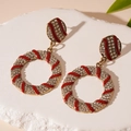 Detailed shot of retro gold earrings with red enamel and pavé rhinestones on stone base - Silver Pin - Red Enamel Rhinestone Round Hoop Drop Earrings