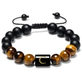 Tiger eye and matte onyx beaded bracelet with gold letter C charm on woven cord - Style C