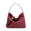 Burgundy woven leather hobo shoulder bag with adjustable strap and golden square buckle - Wine Red (Extended Handle)