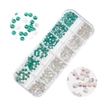 Macro detail of emerald green and AB crystal flatback nail art rhinestones in 12-grid box - AB & Malachite Green (A1039-10)