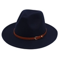 Detailed close-up of navy wool fedora hat featuring a brown leather band and gold buckle - M (56-58cm) / Navy Blue