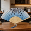 Classic folding fan with blue gradient floral pattern and bamboo ribs with silk tassel - Style 46 (New Style)