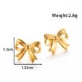 Golden bow stud earrings in titanium steel with size markings and 2.8g weight data - Exquisite Pleated Bow (YE-093-Gold)