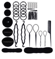 Black hair styling tool kit with bun makers, hair loops, and hairpins on white background - 02
