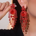 Luxurious long red rhinestone tassel earrings with a multi-layered circular design - Multi-layer Concentric (BXE055GL-R) / Red
