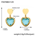Detail view of gold heart earrings with blue faceted glass stone and size dimensions - Lake Blue Faceted Stone Gold Earrings (F947)