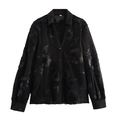 Blouse élégante noire à manches longues avec broderie florale 3D et col V - XS / Noir