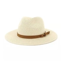 Chapeau Panama en paille crème classique avec ruban en cuir brun et boucle en métal - Taille Unique(58cm) / Beige