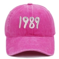 Close-up of vintage pink washed cotton baseball cap with white 1989 embroidery - Rose Red