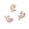 Pink crescent moon glass pendant with gold star and rhinestones for DIY jewelry - Purple Moon 10x16mm