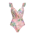 Maillot de bain une pièce rose avec imprimé lys, manches volantées et col en V - S / Maillot de Bain à Volants Simple