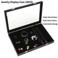 Detail view of black jewelry box model A032 with clear glass lid and plush interior lining - Black Leather Black Velvet Empty Jewelry Box (A032)