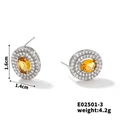 Detail view of oval yellow gemstone earrings with micro-set zircon border and dimensions - Silver Yellow Style (E02501-3)