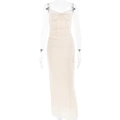 Detail of beige mesh maxi dress featuring delicate lace stitching on the bodice - S / Apricot