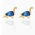 Cute golden dinosaur stud earrings featuring a vibrant blue pear-cut zircon stone inlay - No.7 Brontosaurus - Gold Base Blue Zirconia