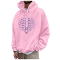 Pink fleece hoodie with purple skeletal heart ribcage print and kangaroo pocket - S / Tops / Pink