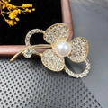 Elegant gold flower brooch with heart petals, white crystals and center pearl inlay - BZ006 Heart Petal