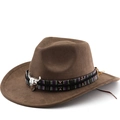 Donkerbruine suède western cowboyhoed met etnische vlechtband en zilveren stierkopornament - M (56-58cm) / koffiekleur
