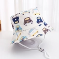 Detail of children's cotton bucket hat with colorful car print and adjustable windproof strap - White Car