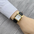 Elegant square H-shaped gold quartz watch with a white dial and black leather strap for women - Black Fine Lines
