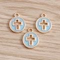 Golden round pendant with hollow cross design and light blue enamel for DIY jewelry - 10 Pieces Pack / Blue