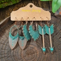 3-piece vintage bohemian earring set with turquoise accents in bronze finish - Water Drop Carved Feather Arrowhead Style (HQEF-1689)