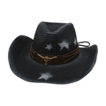 Black straw western cowboy hat with white star print and vintage bull metal buckle decoration - Bull Head Decorative Band + Wind Rope / Black