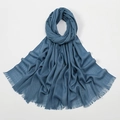 Blue slub cotton long scarf with fringed edges and soft breathable texture - Denim Blue