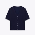 Navy blue V-neck short sleeve knit cardigan with seven buttons on light grey background - S / Dark Blue