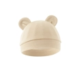 Detailed view of beige cotton knit baby hat featuring cute bear ears and fine stitching - One Size / Apricot