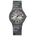 Detail view of quartz watch featuring grey camouflage strap and numerical dial markers - Camouflage Light Gray