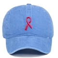 Detail of pink ribbon embroidery on washed blue cotton baseball cap with stitch texture - Light Blue