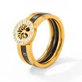Golden stainless steel Tree of Life ring with black Roman numerals and white crystals - US 6 / Gold
